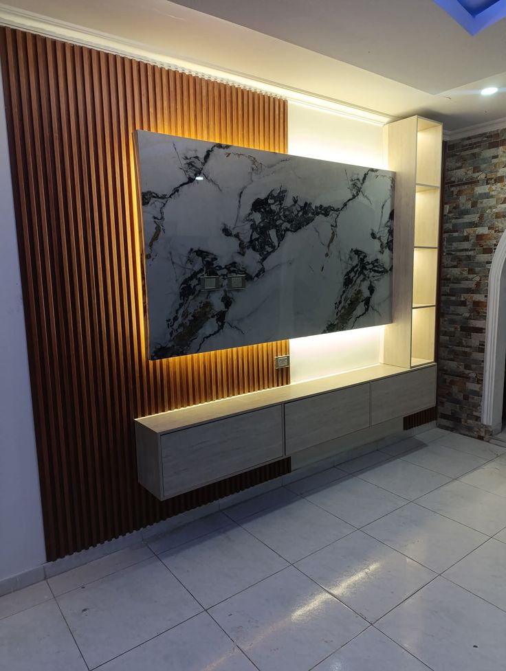 خلفية تلفاز بديل خشب فاخر مع إضاءة LED